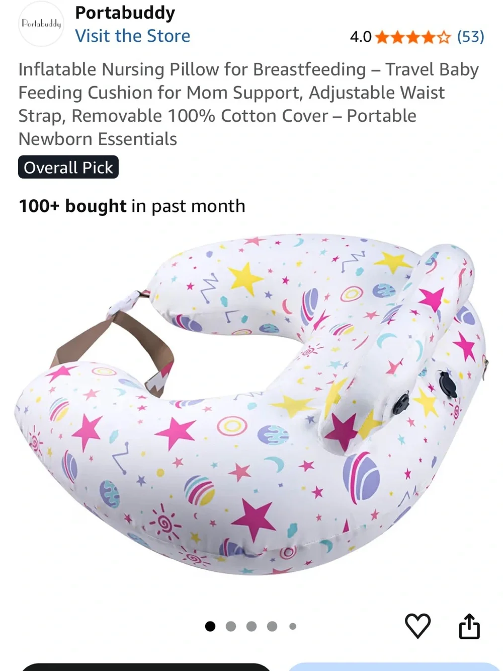 Portabuddy Inflatable Nursing Bib Pillow - White with Pink & Yellow Stars